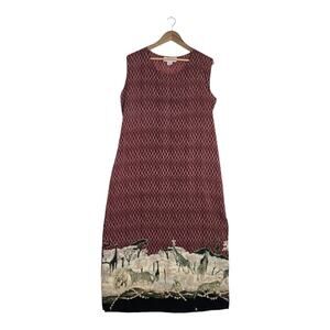 Vintage 90s Top Secret Dress 1XL Burgundy Safari Border Print Midi Maxi